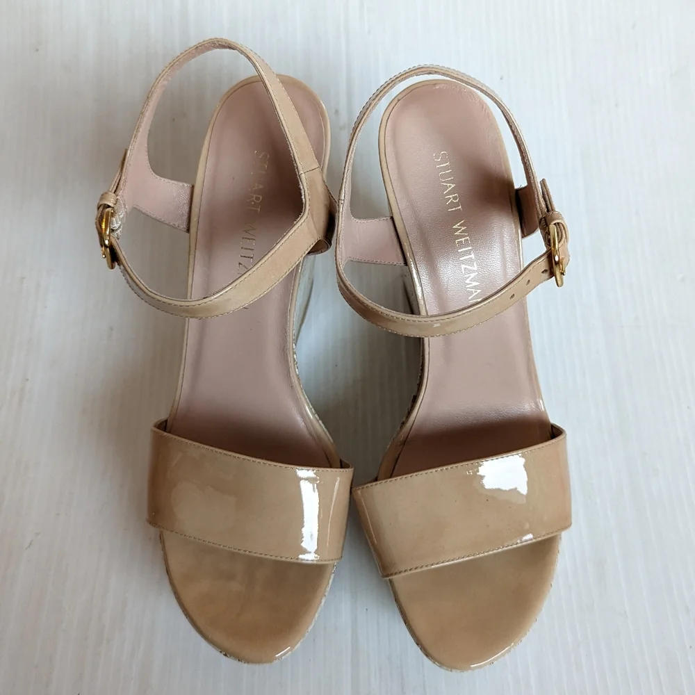 STUART WEITZMAN Bambina Aniline Single Sky patent leather platform wedge sandals